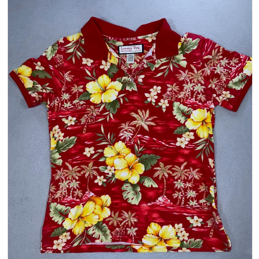 Jamaica Bay Red Tropical Floral Polo Top Women's Small Hawaiian Print